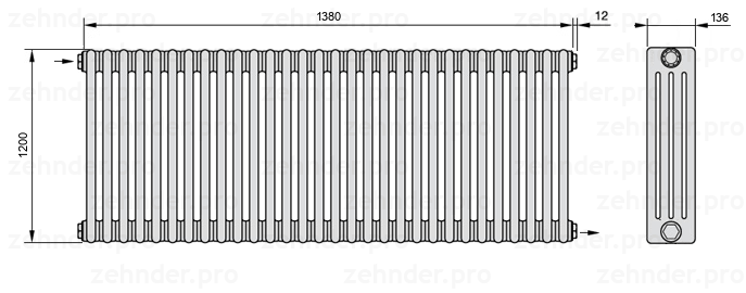 Схема (чертеж) Радиатор Zehnder Charleston 4120/30 №1670 Белый глянцевый RAL 9016